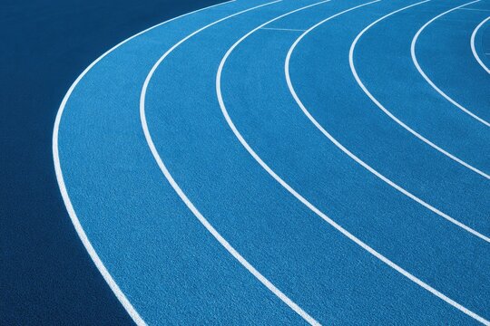 Blue track with white lane markings curves into the distance