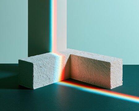 Abstract geometric forms bathed in spectral light, casting colorful shadows