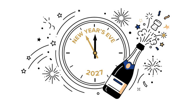 Minimalist vector graphic of a clock face approaching midnight for New Year's Eve 2027, featuring an exploding champagne bottle, fireworks, stars, and festive confetti elements.