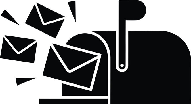 Black mailbox vector icon with flying envelopes. Post office mail box silhouette. Inbox message and delivery concept illustration.
