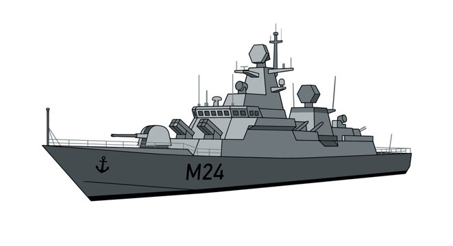 Digital illustration of a modern gray military naval corvette