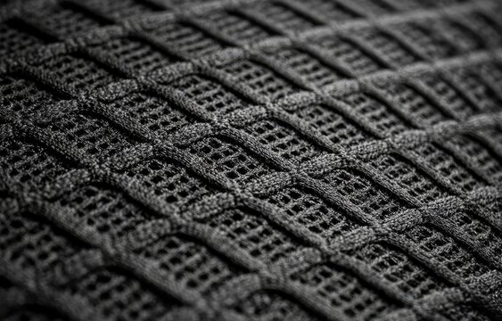 Close-up texture of dark, woven fabric with a repeating grid pattern