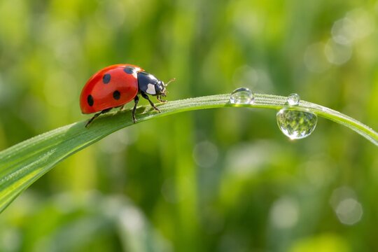 Red ladybird on a curved blade of grass covered in dew