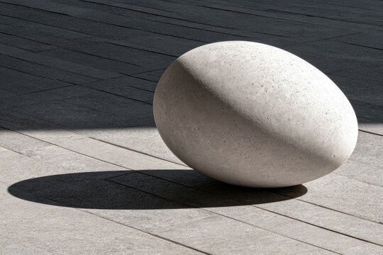 Smooth, pale, ovular stone casting a stark shadow on a tiled surface