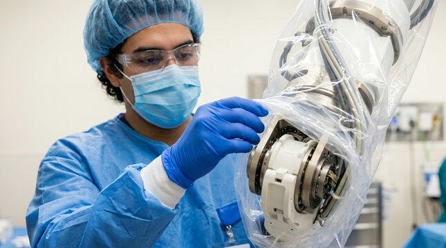 Surgical technologist preparing robotic surgical arm with sterile plastic drape in hospital