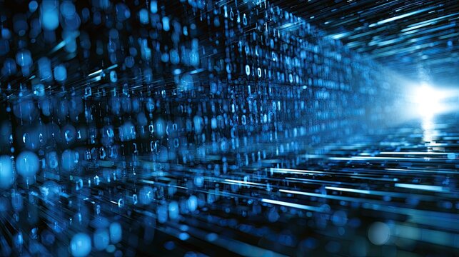 Digital stream of glowing blue binary code flows through a luminous futuristic tunnel