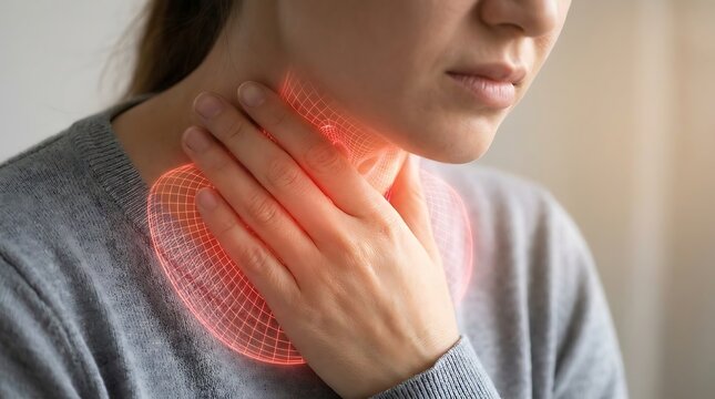Woman touching her neck feeling pain or sore throat while suffering from a cold or virus illness in a home setting