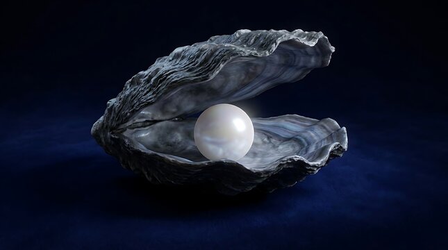 A shiny white pearl resting inside an open sea shell on a dark blue background representing luxury and rare beauty
