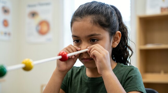 Young girl performing Brock string vision therapy exercise for eye coordination and focus.