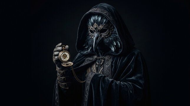 Mysterious figure in a dark hooded cloak and raven mask holding a vintage pocket watch against a black background.