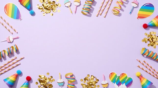 Rainbow pride party frame with gold confetti. Colorful celebration border on purple background. Festive LGBTQ event decor with hats and streamers.
