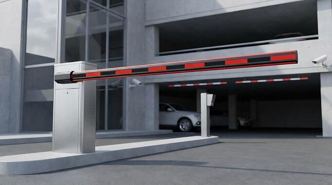 Automatic barrier gate closed at the entrance of a modern urban parking garage building during the day