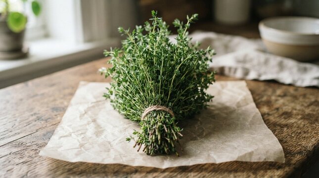 Fresh green thyme bundle tied with twine on rustic parchment paper