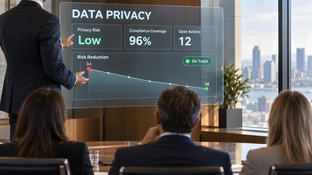 Business professionals discussing data privacy strategy in a modern office