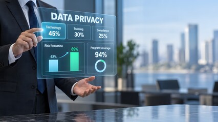 Obraz premium Businessman analyzing digital data privacy metrics on a futuristic interface