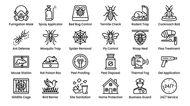 Professional pest control service linear icons for home protection and insect management featuring traps chemicals and site sanitation safety equipment.