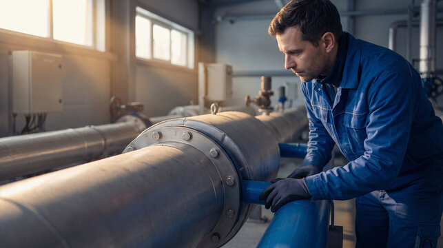 Technician inspects insulated piping at a thermal storage plant
