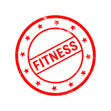 Red fitness stamp icon, circular rubber stamp with stars, isolated fitness seal on white background