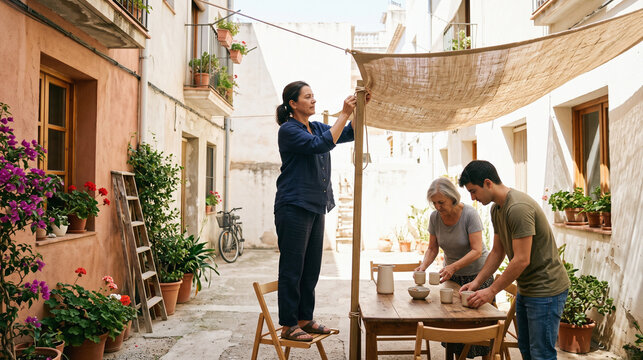 Neighbors set up shade in a courtyard during record-breaking heat