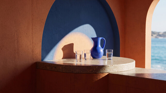 Sunlit Coastal Pavilion Features a Cobalt Pitcher