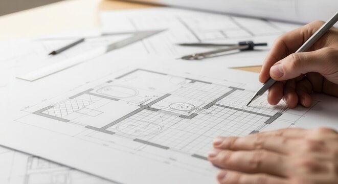Architectural Drafting And Design Process On Desk Surface