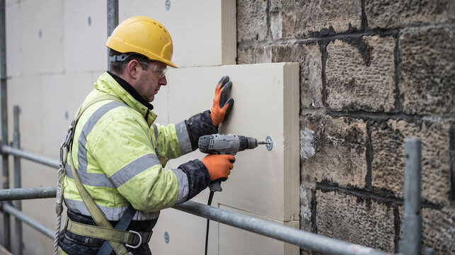 Contractor fastens rigid insulation to an old municipal stone wall