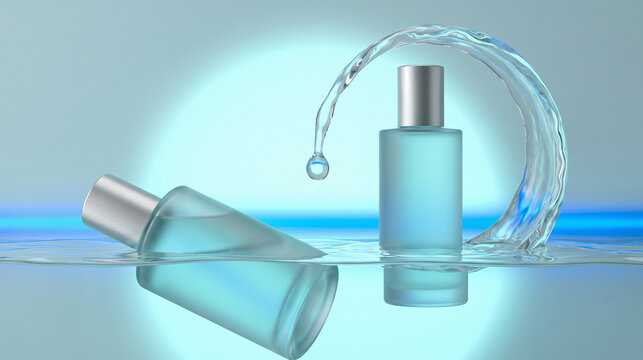 Paired essence bottles beside a glowing water channel