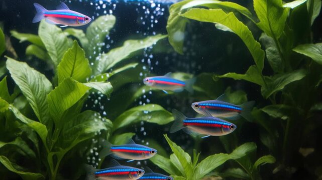 Neon tetra fish swimming in planted freshwater aquarium, surrounded by green aquatic plant leaf, rising oxygen air bubble, clear water tank, vibrant indoor pet hobby.