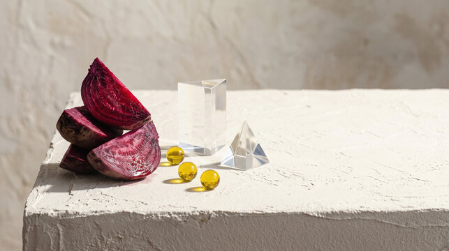Faceted beet and olive oil spheres on an ivory display plinth