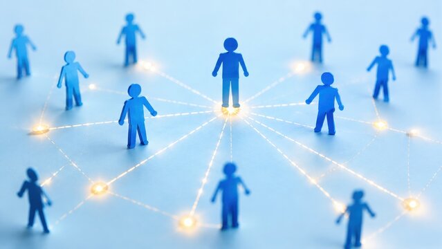 blue human figures connected by glowing network lines around central leader, concept of business networking, teamwork and organizational structure