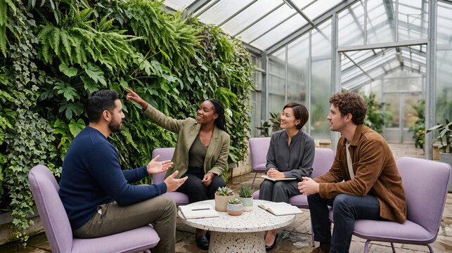 Team collaboration by a living plant wall in a greenhouse atrium