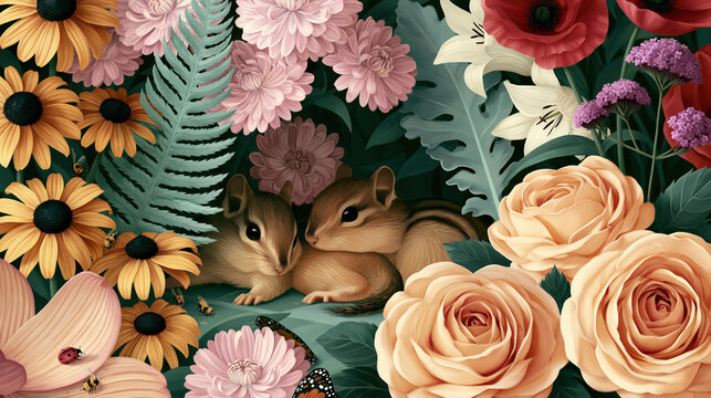 Two chipmunks snuggling among vibrant flowers in a lush garden