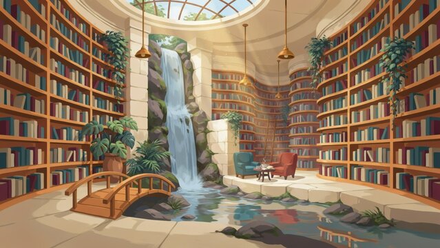 An enchanting library interior featuring a peaceful indoor waterfall and bridge