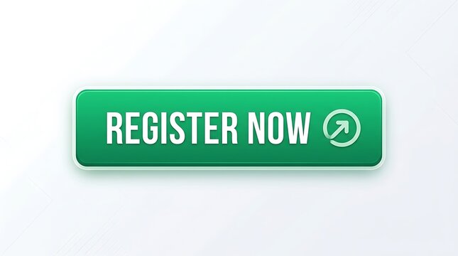 Green glossy register now button with arrow icon for website interface design and digital marketing call to action