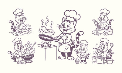 Fototapeta premium Vintage chef cat mascot character cooking doodle set vector illustration
