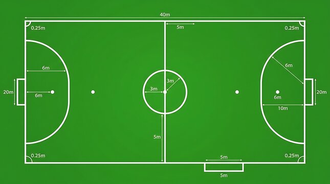 Futsal court diagram with standard dimensions and markings on a green background for indoor soccer game planning