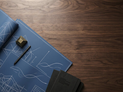 Professional architectural blueprint with stationery on wooden desk representing corporate strategic planning and design development