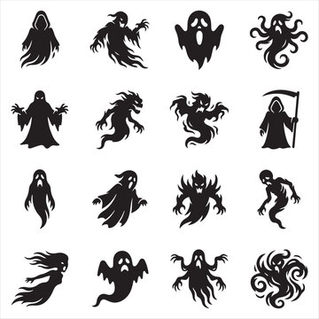 Set of sixteen black silhouette icons depicting spooky ghosts and supernatural apparitions with halloween silhouette supernatural apparition monsters ectoplasm paranormal elements collection
