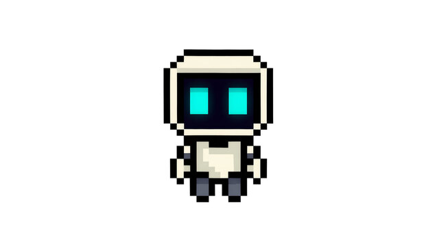 Retro pixelated robot with glowing blue eyes, isolated on transparent background