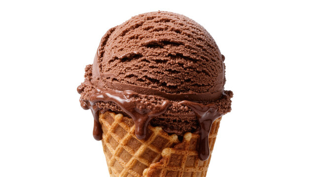 Rich chocolate ice cream scoop with melting drips on a waffle cone, isolated on transparent background
