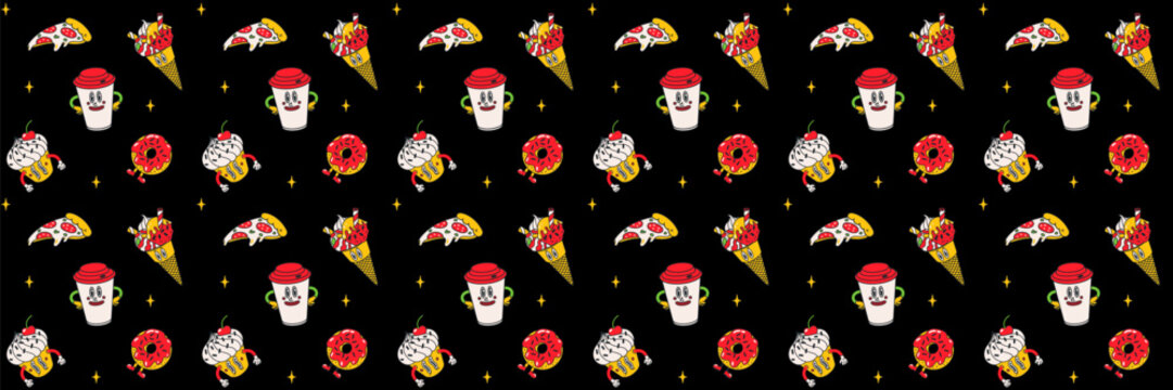 Pattern sticker with pizza, coffee and donuts