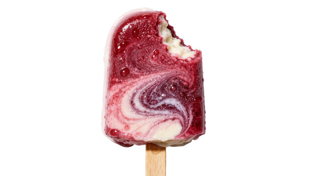 Bitten berry swirl popsicle with creamy vanilla ice cream, isolated on transparent background