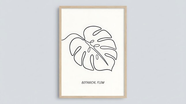 Minimalist single line art of a monstera tropical leaf in a wooden picture frame for modern interior wall decoration