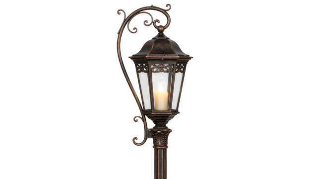 Ornate bronze gas lantern with decorative scrollwork lit candle inside, isolated on transparent background