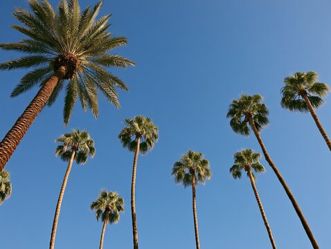 Tall palm trees reach for a clear, bright blue sky, creating a tropical feel