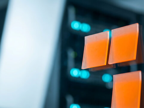 Modern office workspace featuring vibrant orange sticky notes on a glass board with blurred server background