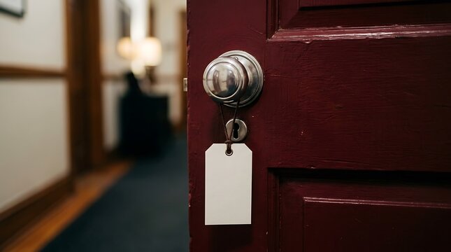 Open dark red wooden door with a silver doorknob and a blank white tag hanging from the keyhole