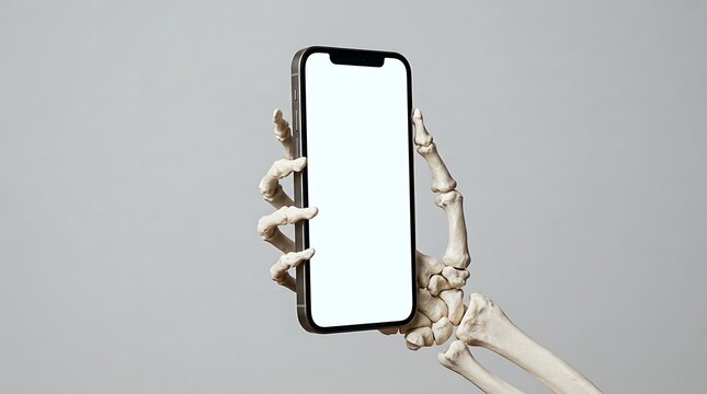 Skeleton Hand Holding a Modern Smartphone with a Blank White Screen on a Gray mobile phone