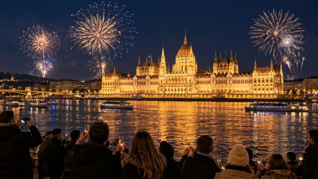 Silvester in Budapest: Goldenes Feuerwerk &uuml;ber dem beleuchteten Parlamentsgeb&auml;ude spiegelt sich in der Donau, w&auml;hrend Besucher den Jahreswechsel in Ungarns Hauptstadt festlich begr&uuml;&szlig;en.