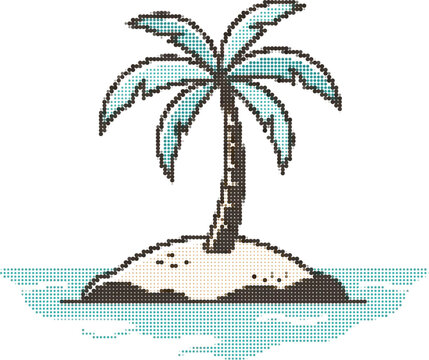 Pixel art palm tree on tropical island, retro 8-bit summer vacation icon, isolated beach oasis vector illustration